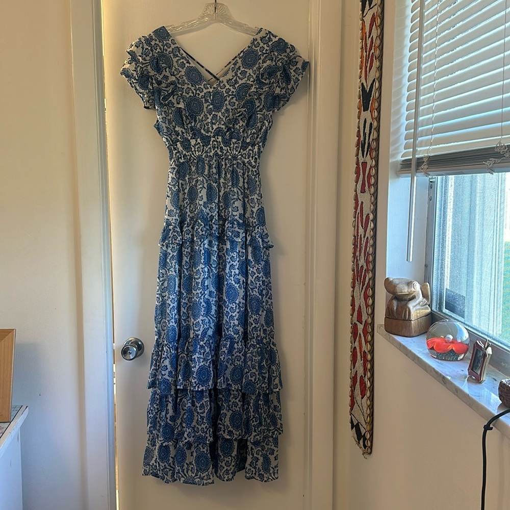 AQUA print maxi dress w ruffle accents. Beautiful blue w gold thread. Size Small